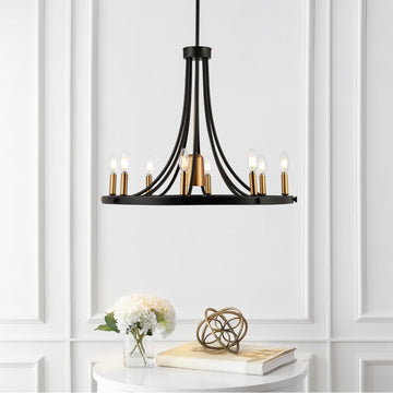 Dante Modern Iron Adjustable Wagon Wheel LED Chandelier with Downlight - JONATHAN Y